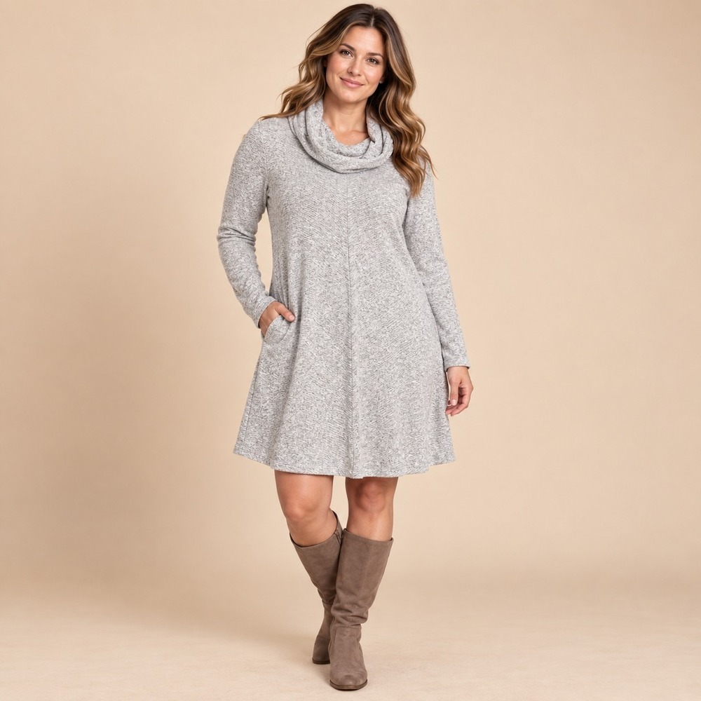 Apt. 9 Gray Cowlneck Rib Swing Dress Women's Medium Downtown Girl Quiet Luxury